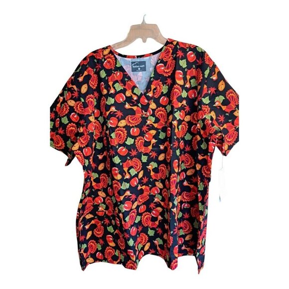 Butter-Soft Thanksgiving Holiday Turkey Pumpkins Scrub Top 4X NWT Brown Orange - Picture 1 of 6